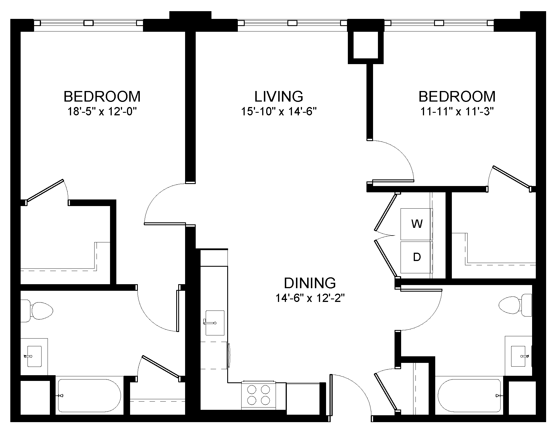 Floor plan for 2 beds, 2 baths, 1095 sqft